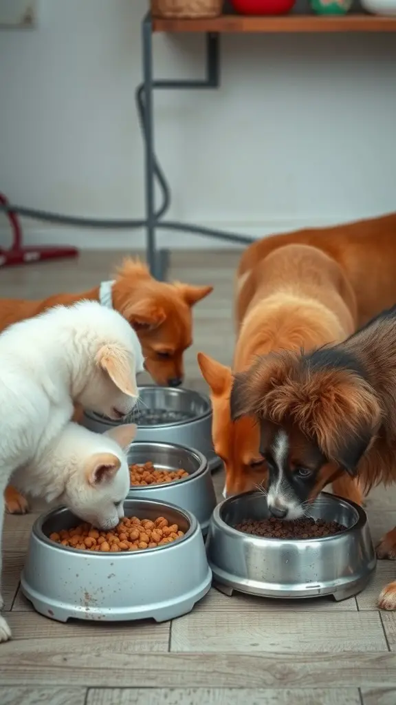 A group of dogs eating from their bowls in a cozy feeding area.