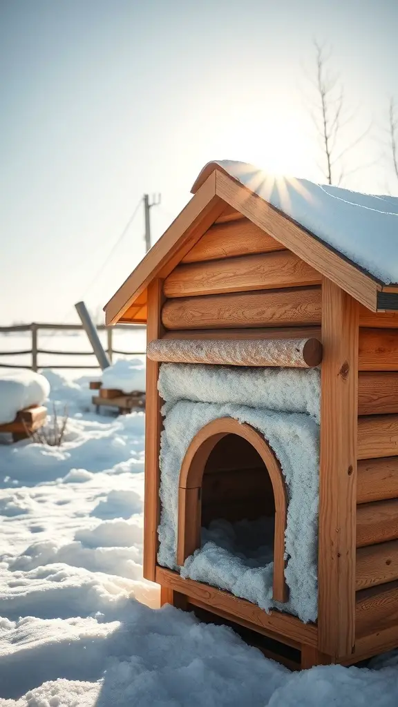 A wooden dog house covered in snow with sunlight shining on it.