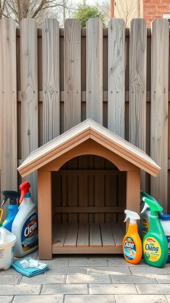 A dog house with cleaning supplies arranged around it, emphasizing maintenance.