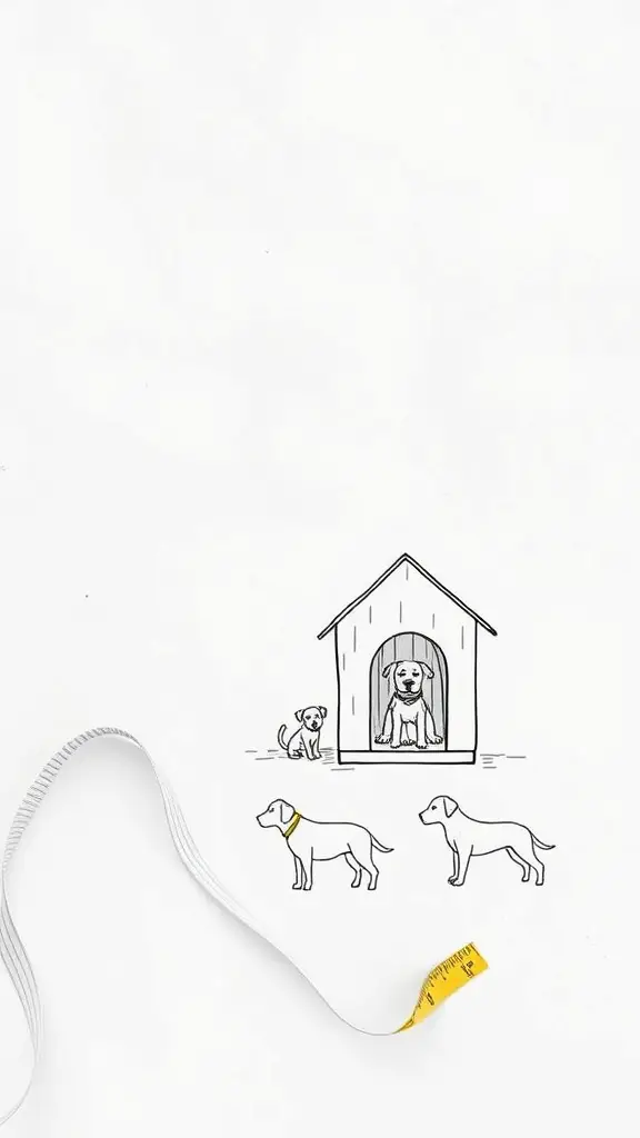 Illustration of a dog house with measuring tape and different dog sizes.