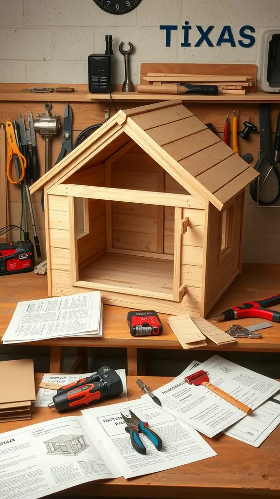 A wooden dog house kit on a workbench, surrounded by tools and assembly instructions.