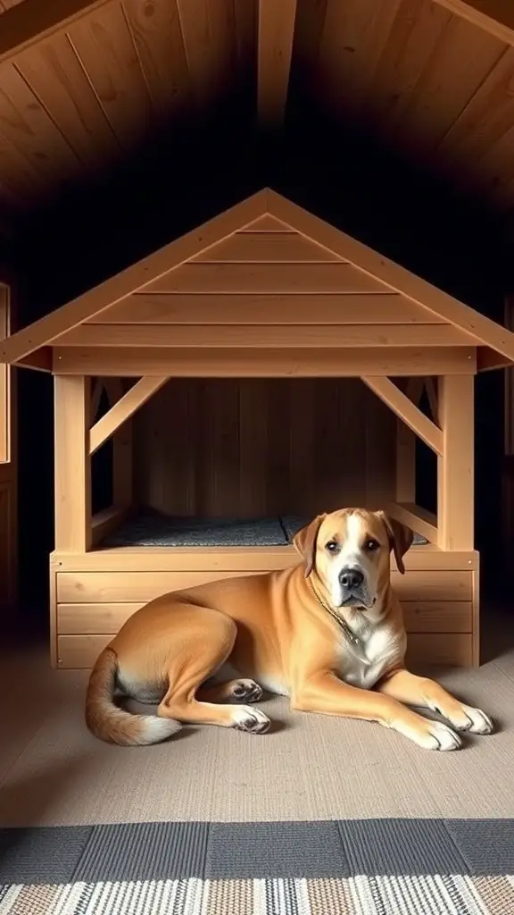 A large dog lying in a spacious wooden dog house with a slanted roof.