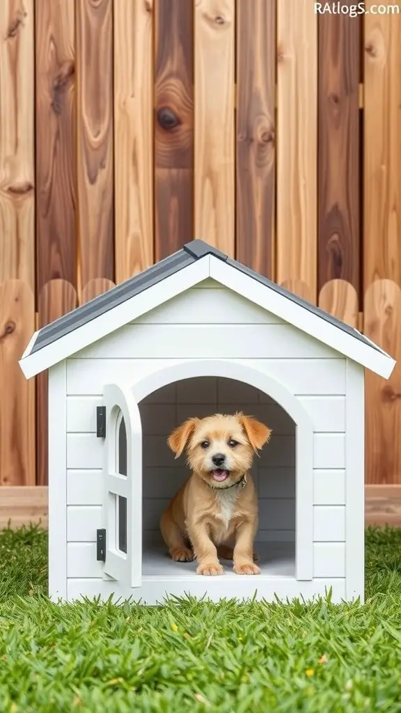 A small dog sitting inside a white dog house with a sloped roof, set against a wooden fence.