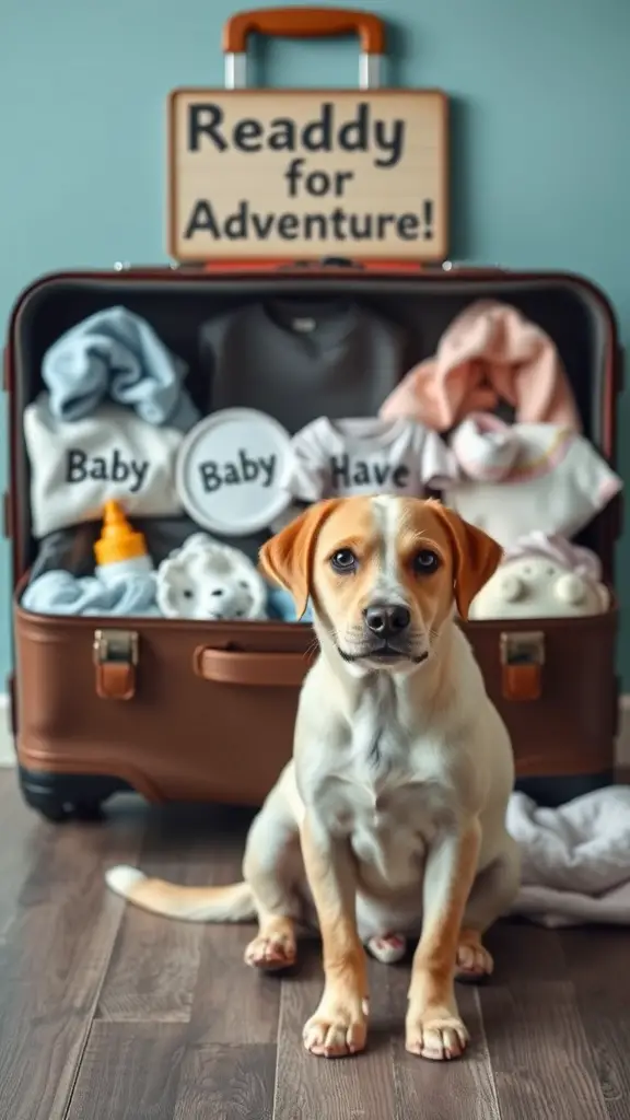 A dog sitting in front of a suitcase filled with baby clothes and toys, with a sign that says 'Ready for Adventure!'