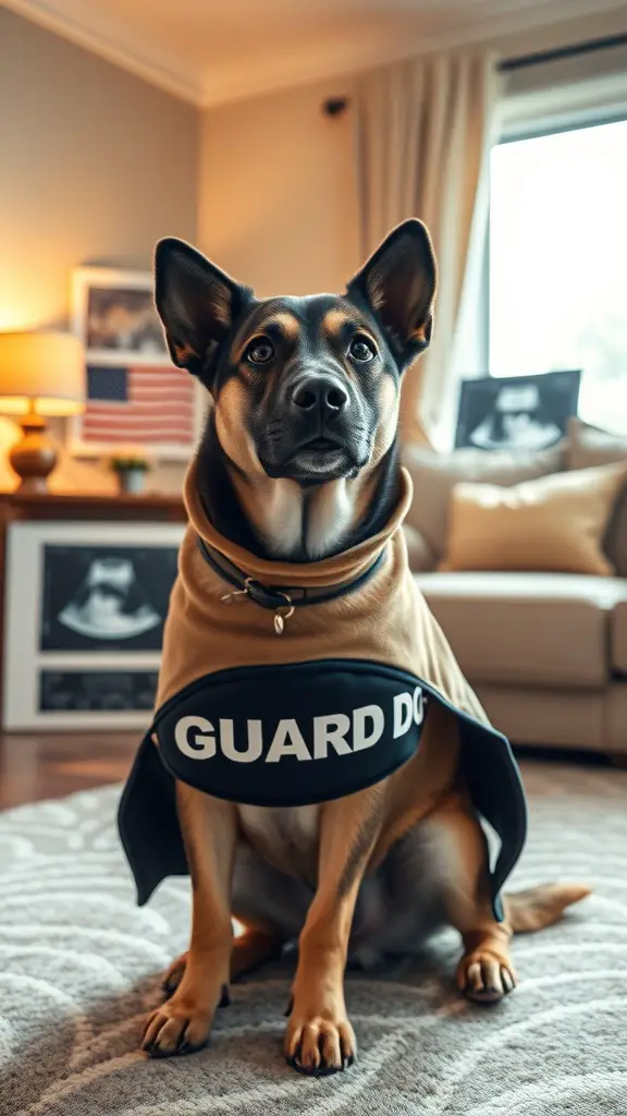 A dog wearing a 'GUARD DOG' cape sits in a cozy living room, with an ultrasound picture in the background.
