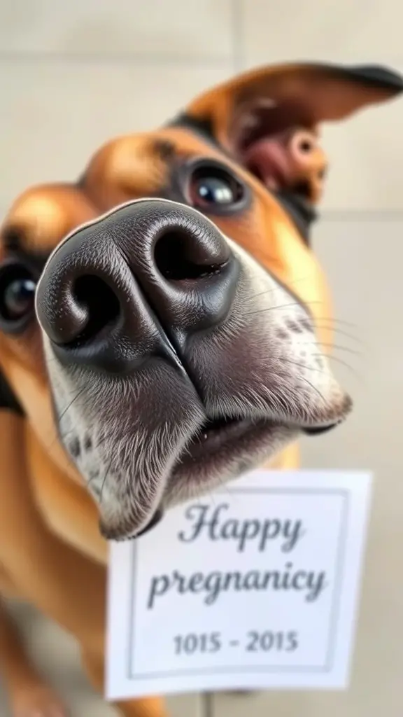 A close-up of a dog holding a sign that says 'Something's coming!'