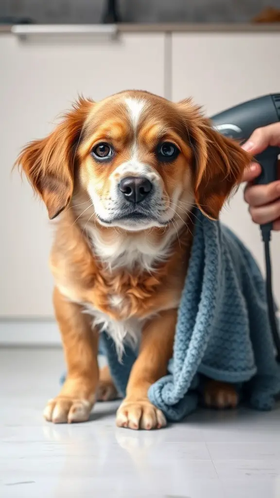 A dog wrapped in a blue blanket with a hairdryer nearby, looking curious.