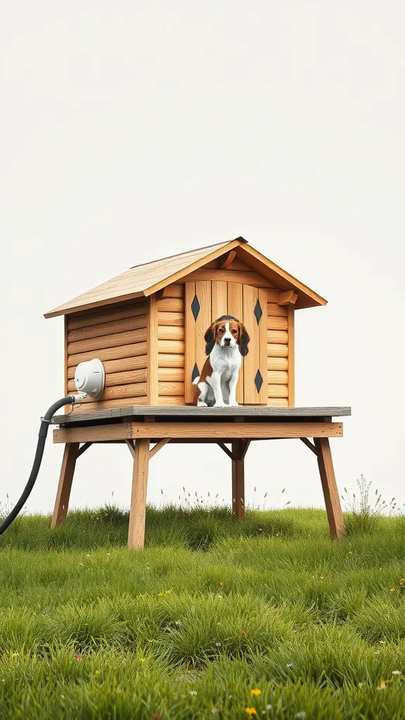 A wooden elevated dog house with a dog sitting in front of it on a grassy field.