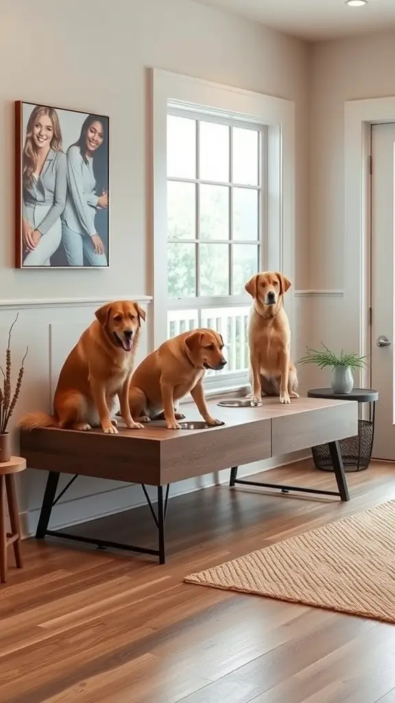 Three dogs sitting on an elevated feeding station in a stylish home setting.