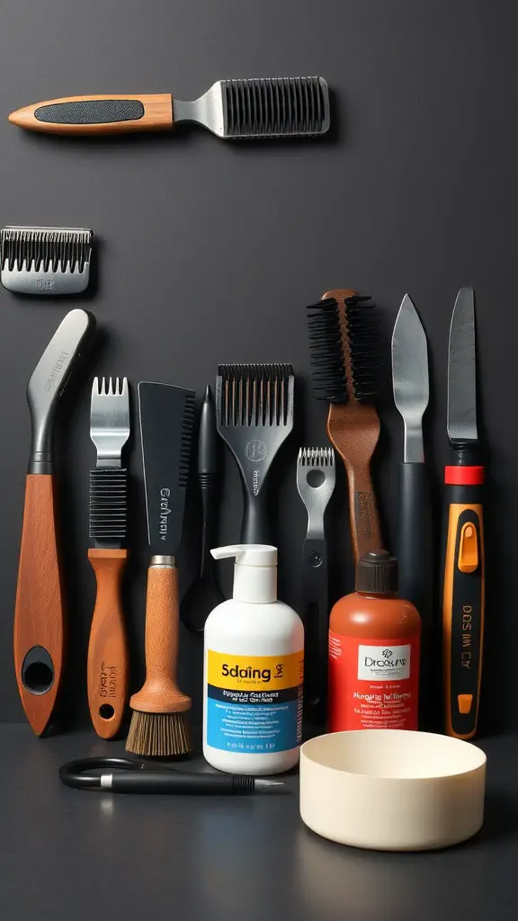 A variety of dog grooming tools including combs, brushes, scissors, clippers, and grooming products on a dark background.