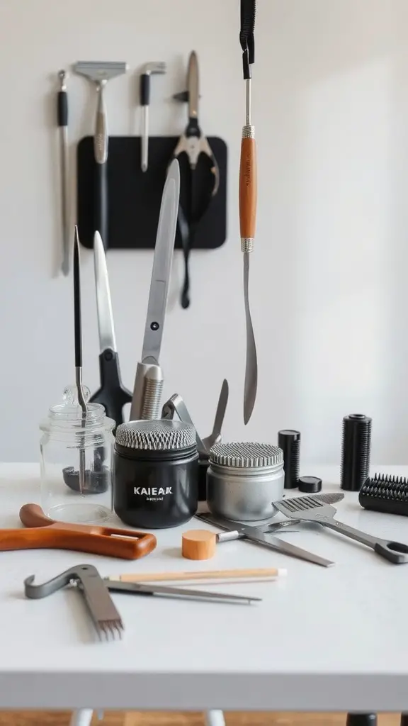 A variety of dog grooming tools including scissors, combs, and grooming products arranged on a table.