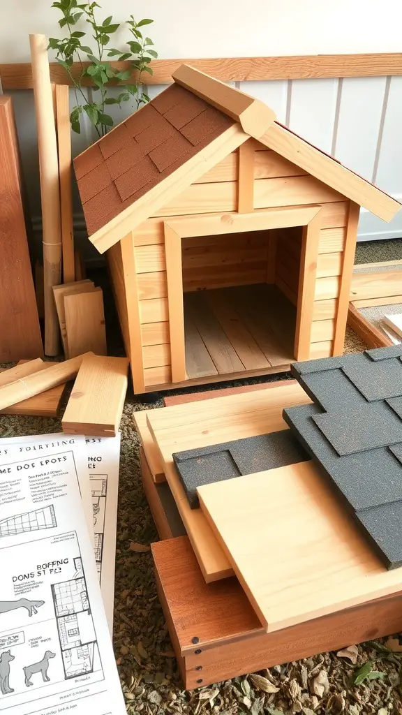 A wooden dog house with construction materials and blueprints laid out around it.
