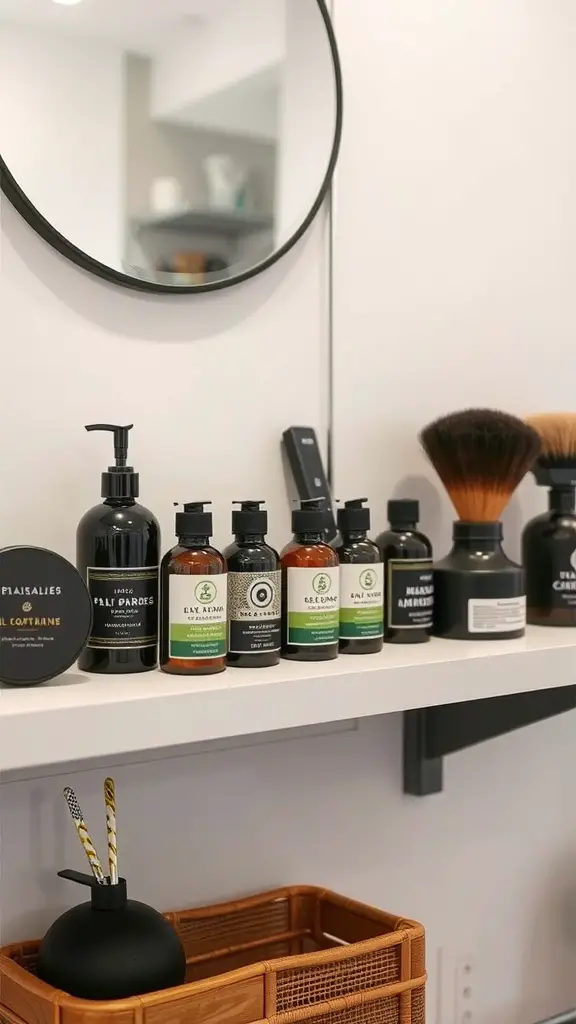 A shelf displaying various eco-friendly dog grooming products, including shampoos, conditioners, and grooming tools.
