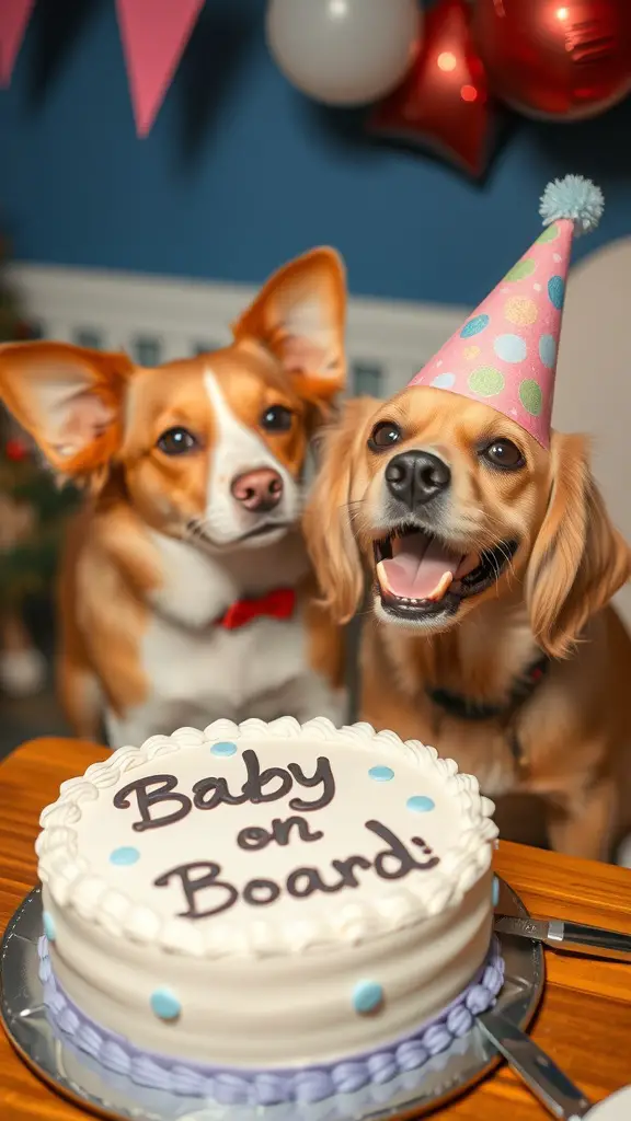 A happy dog in a party hat sits in front of a cake that says 'Baby on Board!' with colorful decorations in the background.