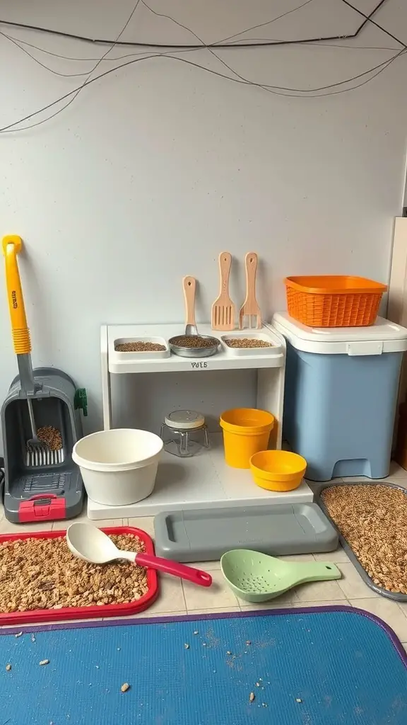 A dog feeding station with bowls, scoops, and storage containers for food.