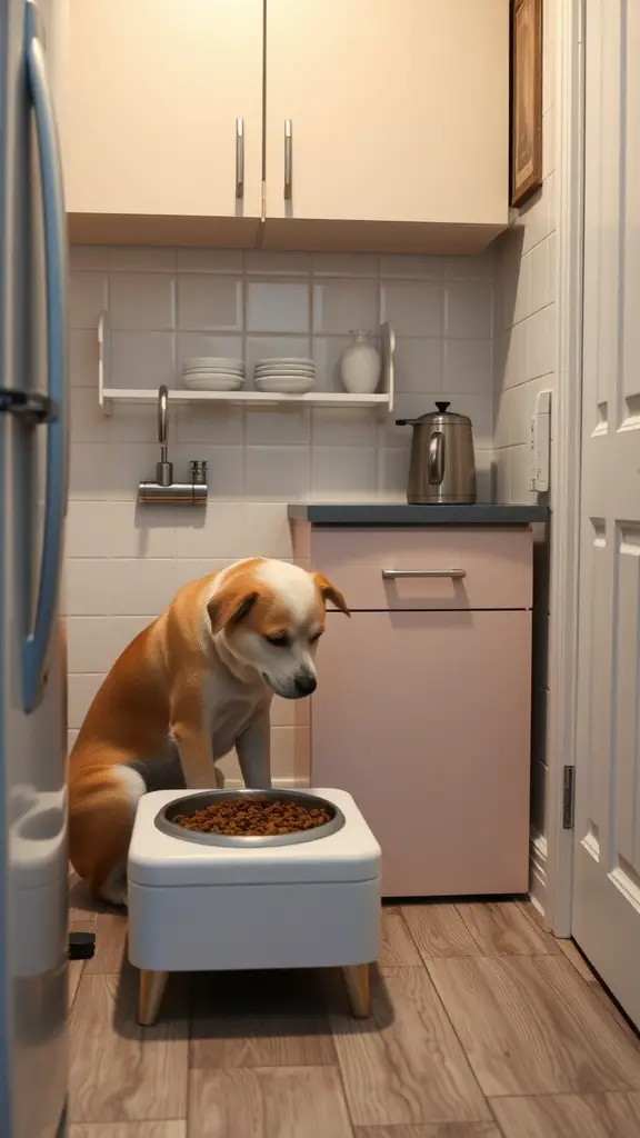 A dog sitting next to a modern feeding station in a small kitchen