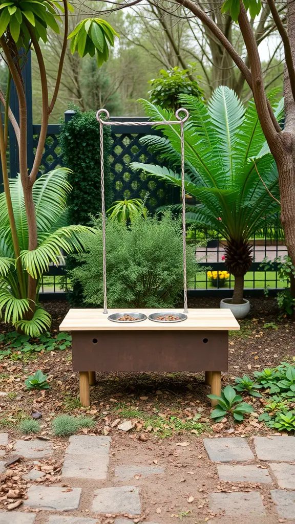 Outdoor dog feeding station with two bowls surrounded by plants