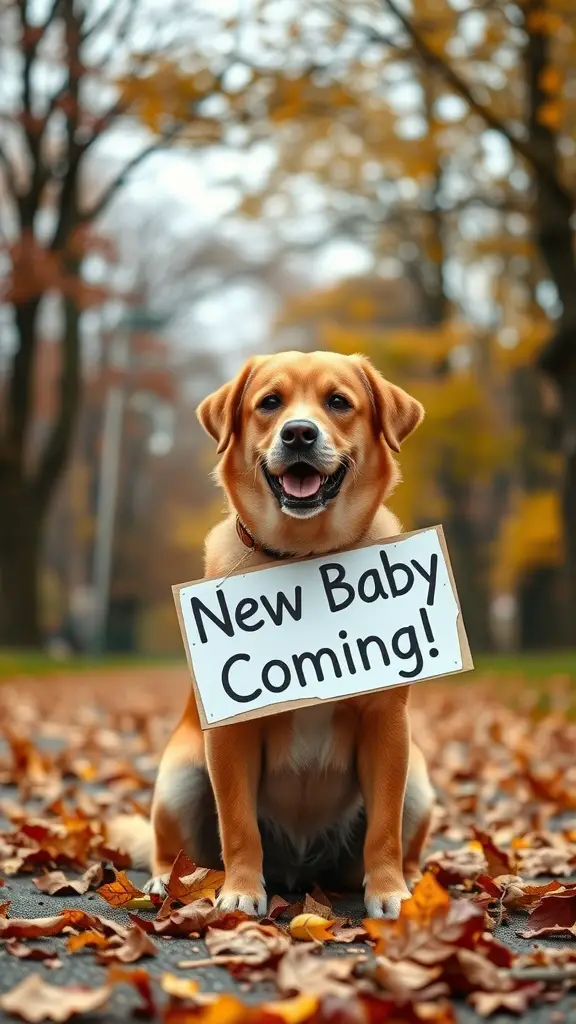 A happy dog sitting on a path covered with autumn leaves, holding a sign that says 'New Baby Coming!'