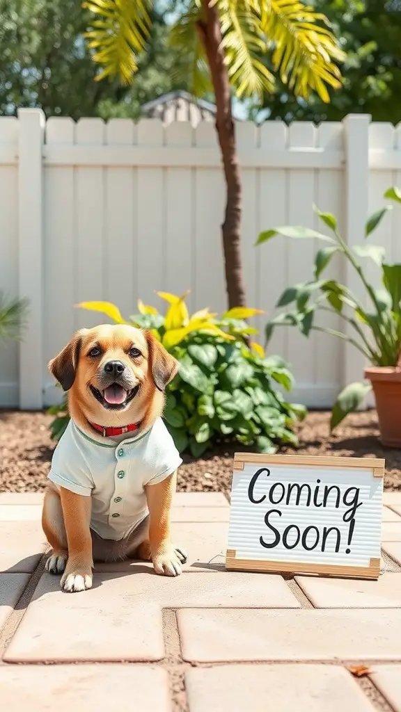 A happy dog wearing a shirt sitting next to a sign that says 'Coming Soon!' in a sunny garden.