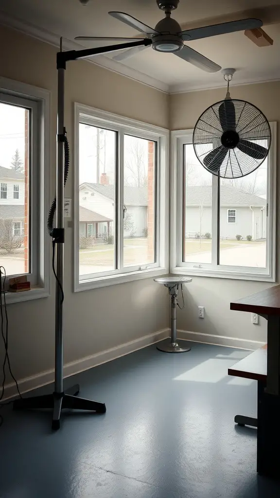 A bright grooming room with large windows, a ceiling fan, and a standing fan for ventilation.