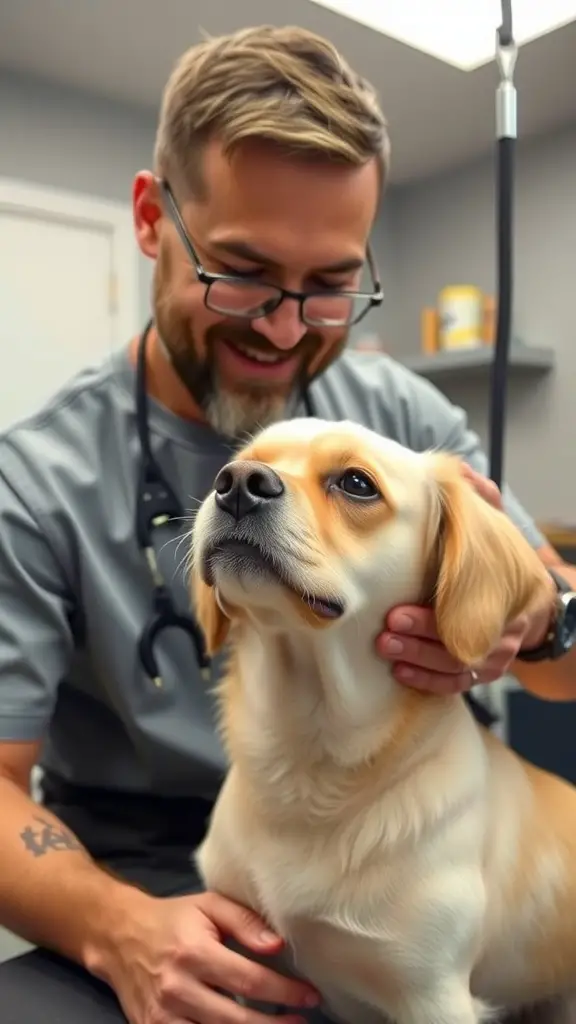 A groomer gently interacting with a dog in a grooming salon.