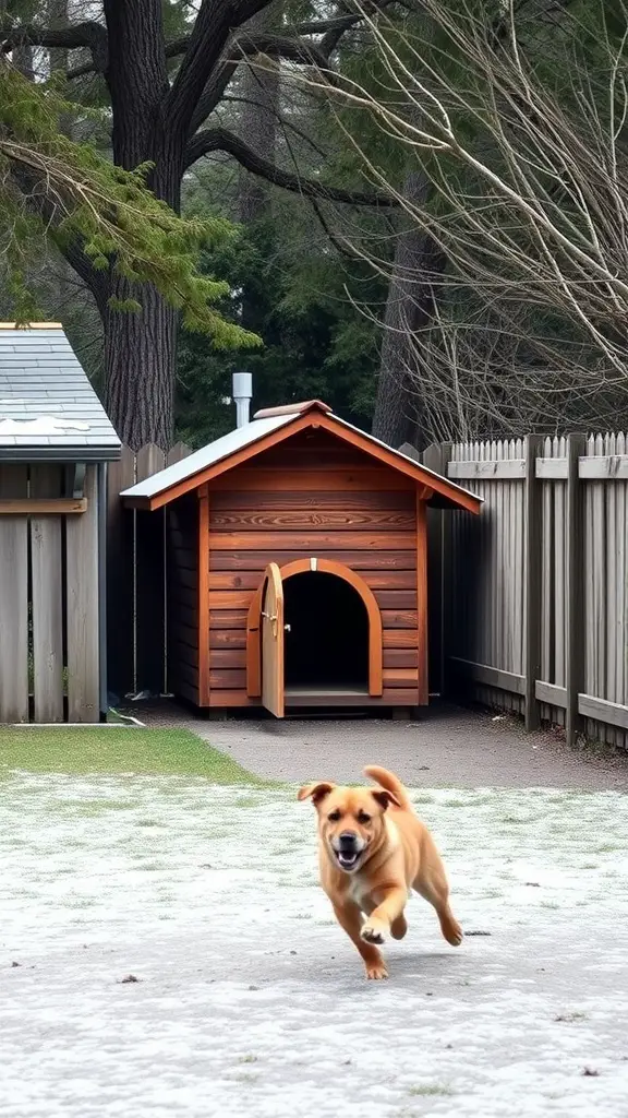 A dog running happily in front of a wooden dog house with a fenced area.