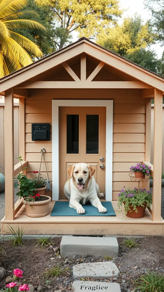 A cozy dog house with a porch, featuring a dog sitting on a mat, surrounded by potted plants.