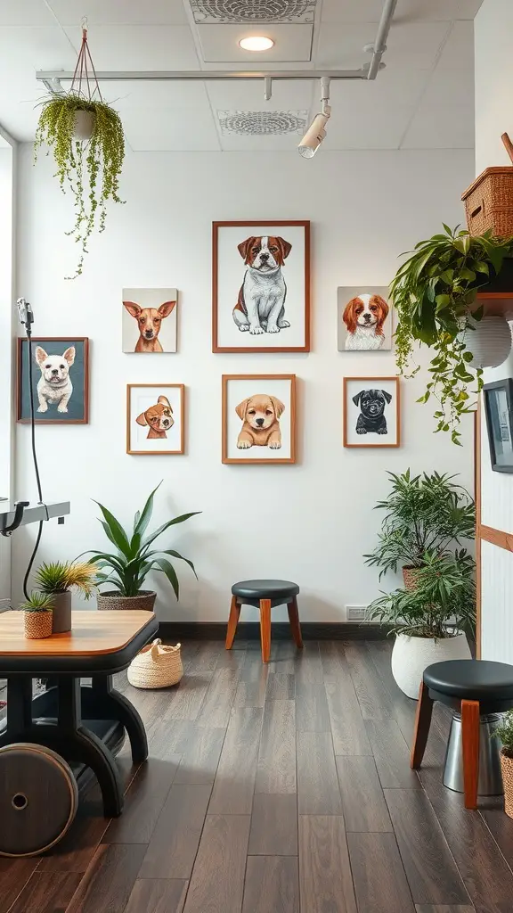 A cozy dog grooming room featuring dog portraits, plants, and wooden furniture.