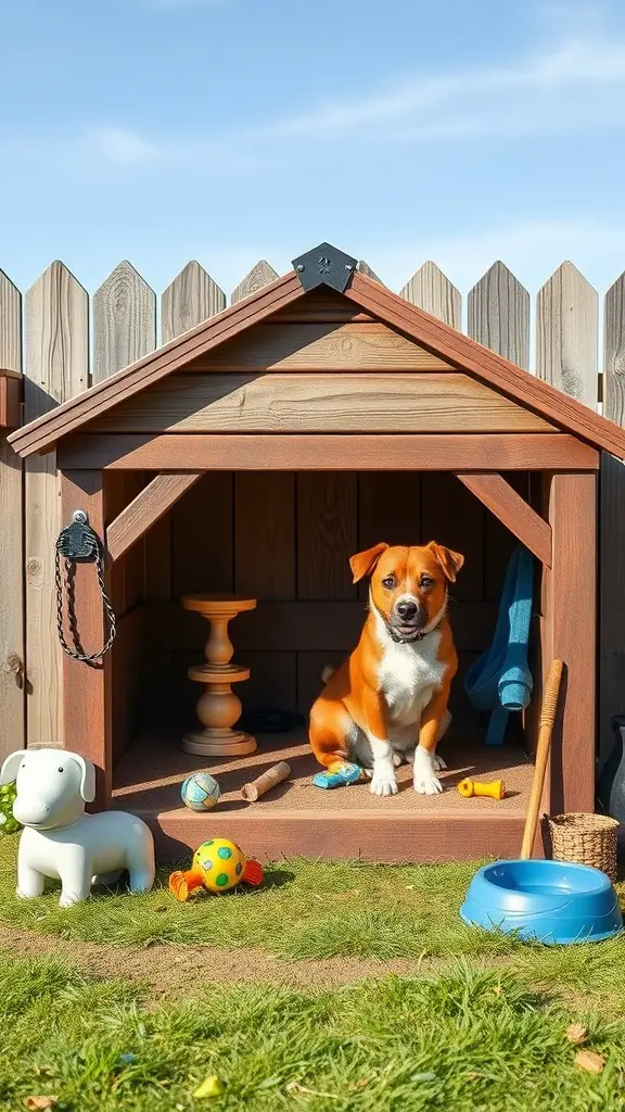 A happy dog sitting in a wooden dog house surrounded by colorful toys and a water bowl.