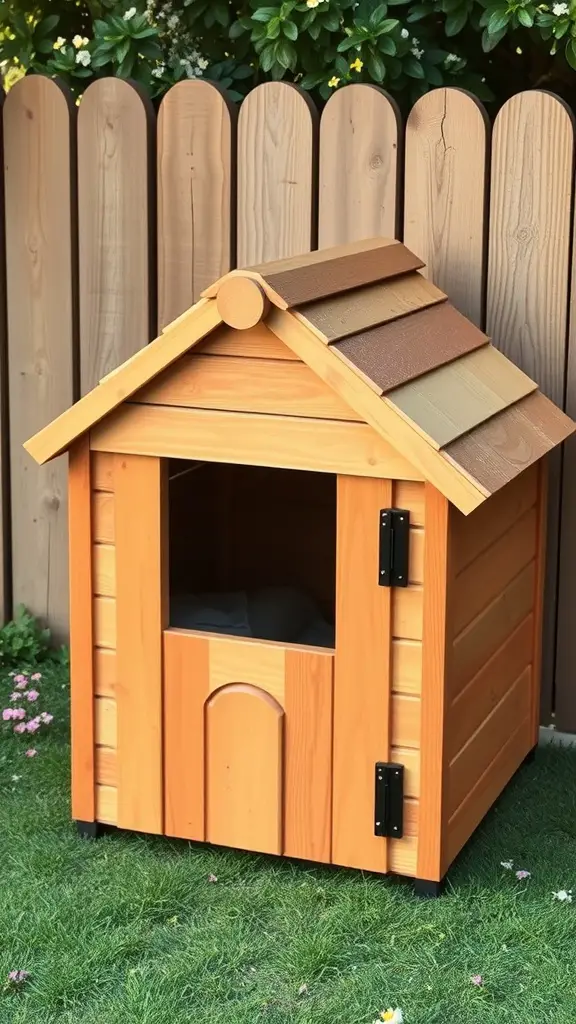 A wooden dog house with a sloped roof and an open front, surrounded by greenery and a wooden fence.