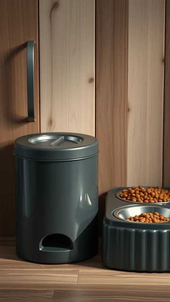 A modern dog food storage container next to a feeding station with two bowls.