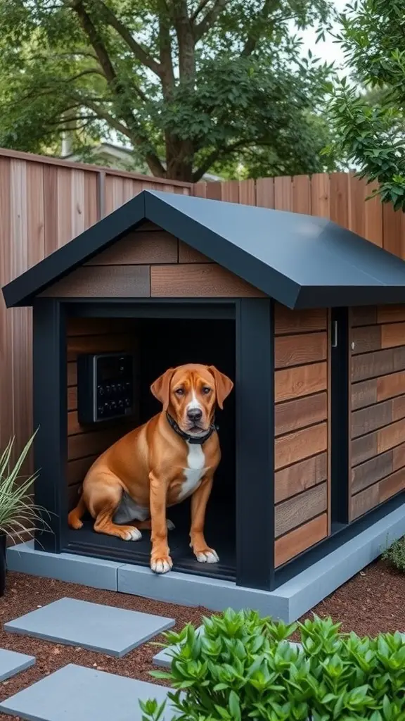 A modern dog house with heating and cooling features, featuring a dog inside.