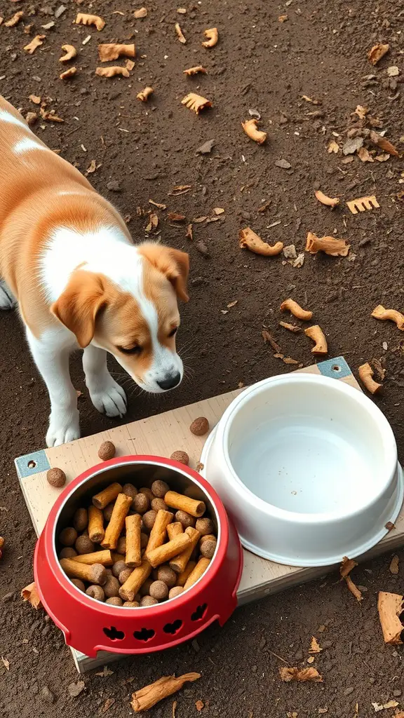 A dog near a feeding station with a red bowl filled with treats and an empty white bowl for water.