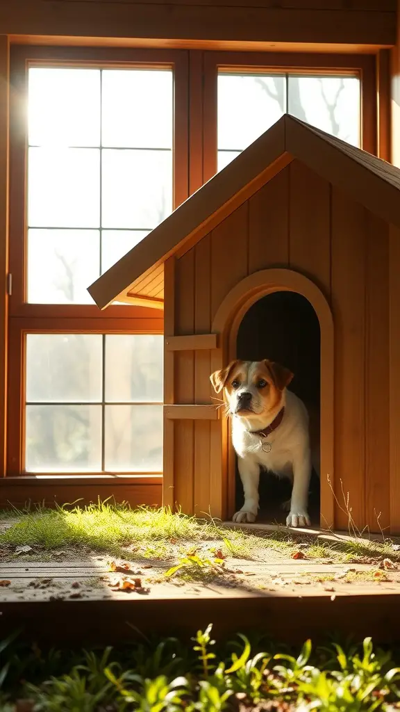A dog standing at the entrance of a wooden dog house with large windows, surrounded by grass.