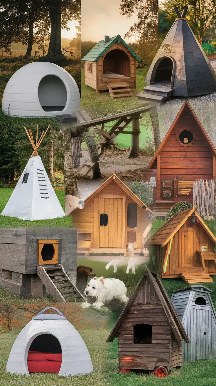 A colorful collection of unique dog houses in various styles and designs, set in a green landscape.