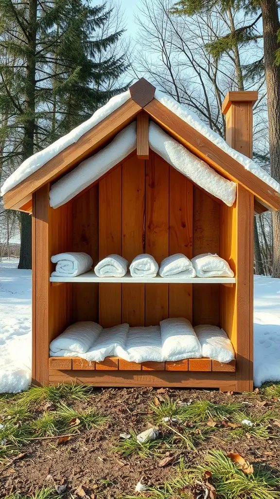 A wooden dog house with snow on the roof, featuring shelves with rolled blankets inside.