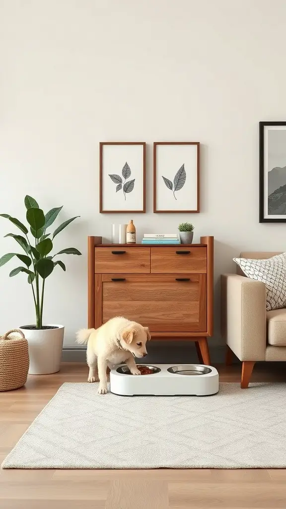 A dog feeding station in a stylish living room with a dog eating from a modern bowl.