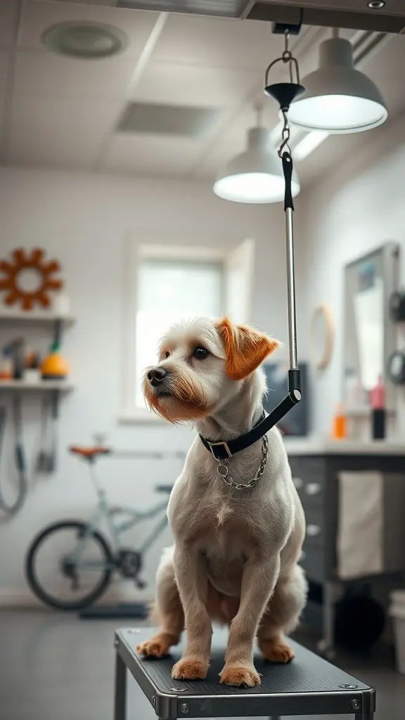 A well-lit dog grooming room with a dog on a grooming table and bright overhead lights.