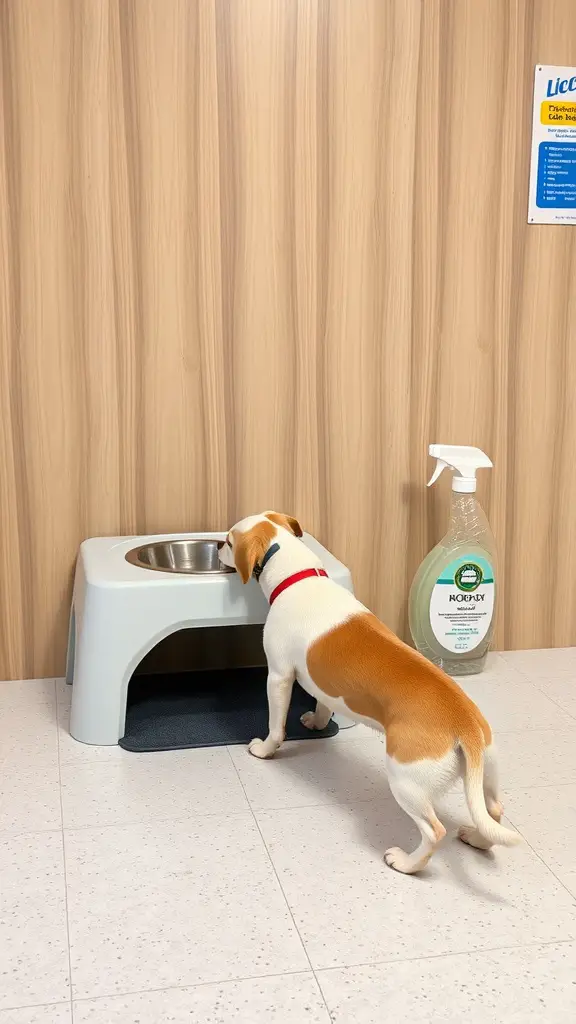 A dog at a feeding station with a clean bowl and a spray bottle nearby.