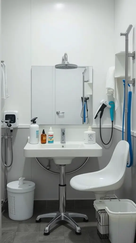 A clean dog grooming station with grooming tools and products.