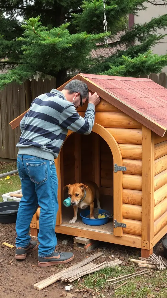 A person inspecting a wooden dog house with a dog inside