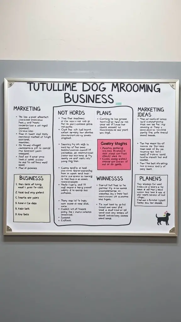 A board displaying marketing strategies for a dog grooming business.