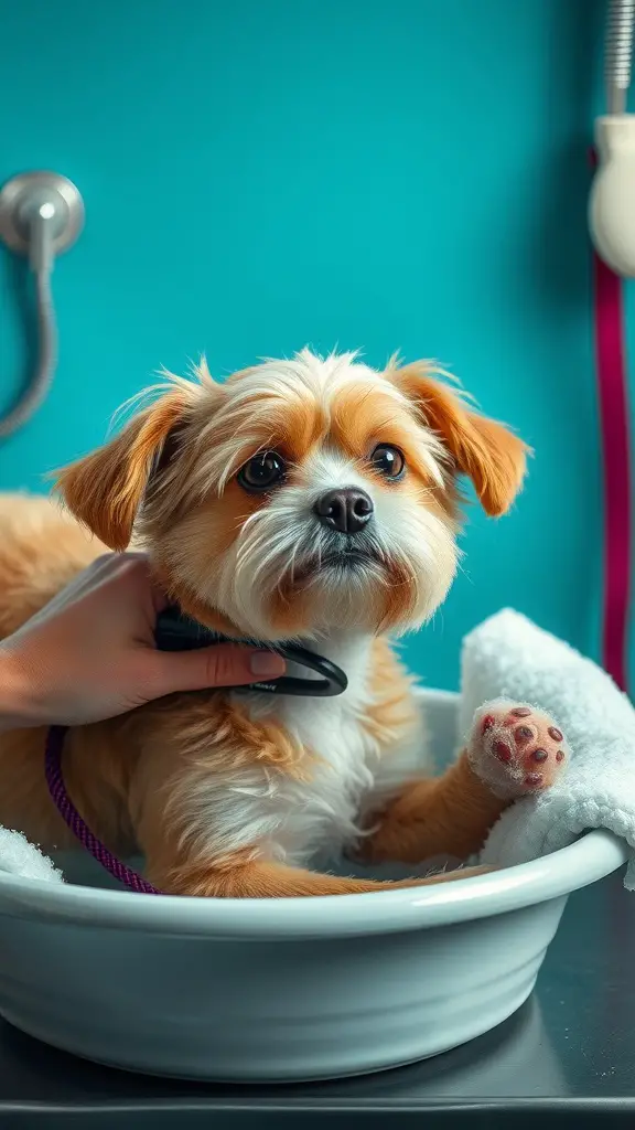 A small dog in a grooming bath, looking up with a curious expression, while a person gently holds it.