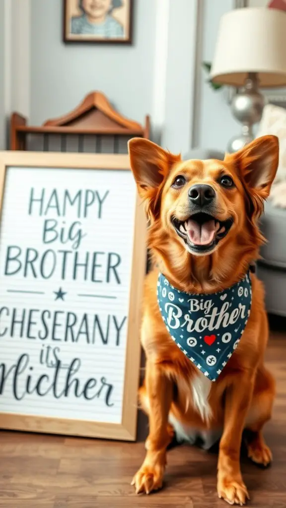 A happy dog wearing a 'Big Brother' bandana sits next to a pregnancy announcement sign.