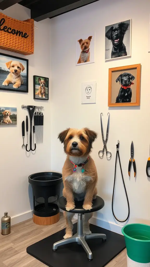 A cozy dog grooming room featuring a cheerful dog on a stool, surrounded by grooming tools and photos of other dogs.