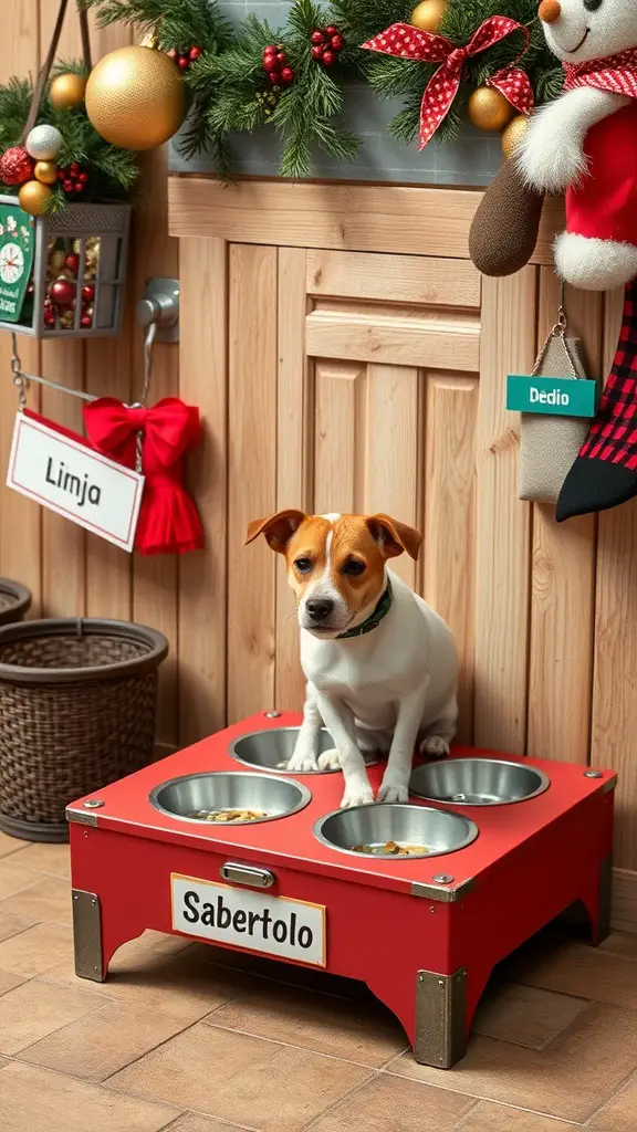 A personalized dog feeding station with a red base and four bowls, decorated for the holidays.