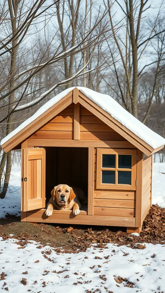 A wooden dog house with a sloped roof and a dog lying at the entrance, surrounded by snow and trees.