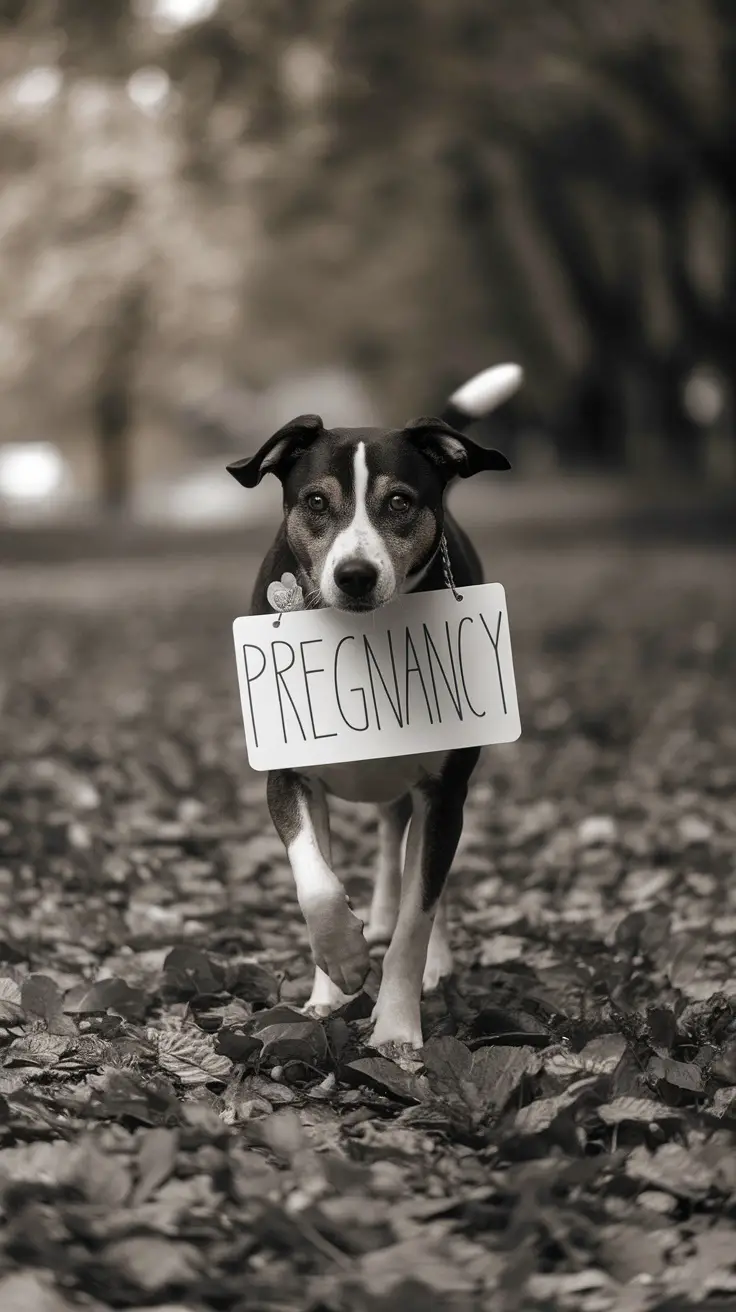 A dog with a sign saying 'I WAPPY A PREGNANT TODA!' walking on a path with a person in the background.