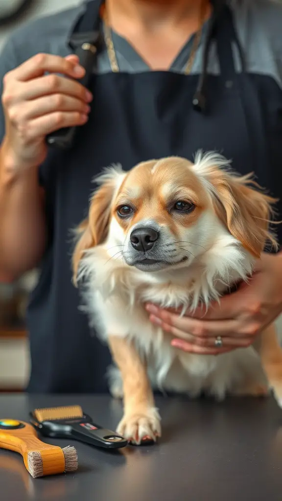 A person holding grooming tools with a calm dog on the table, ready for grooming.