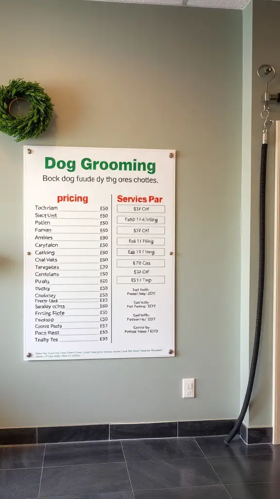 A pricing board for dog grooming services displayed on a wall, showing various grooming options and their prices.